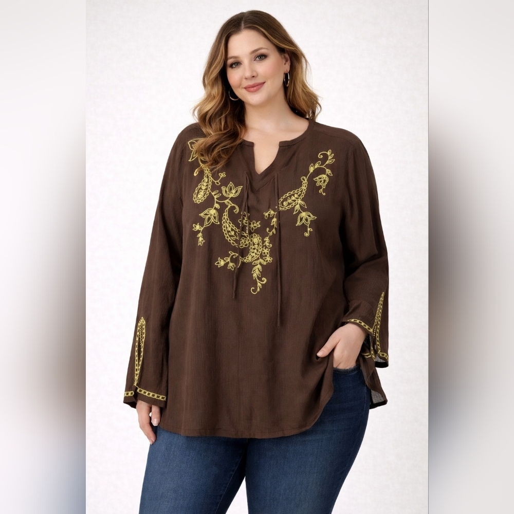 Korey Boho Lightweight, Long Sleeved Brown Embroidered Women's Top Sz L